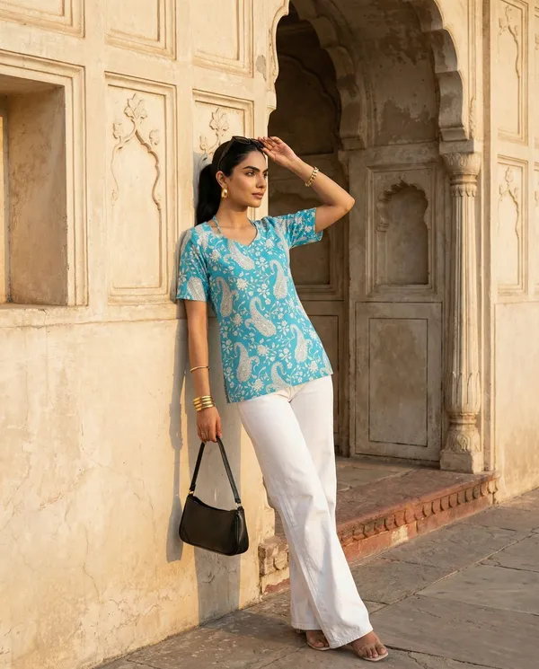 Blue_Rayon_Printed_Short_Kurti_For_Women