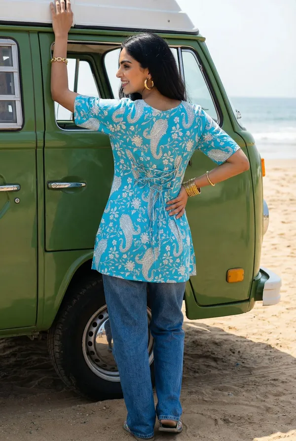 Blue_Rayon_Printed_Short_Kurti_For_Women