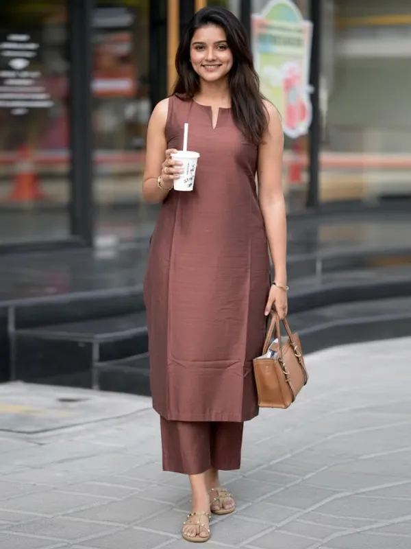 Brown_Cotton_Solid_Kurti_With_Palazzo_Pant_For_Women