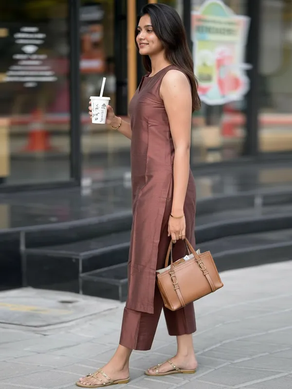 Brown_Cotton_Solid_Kurti_With_Palazzo_Pant_For_Women