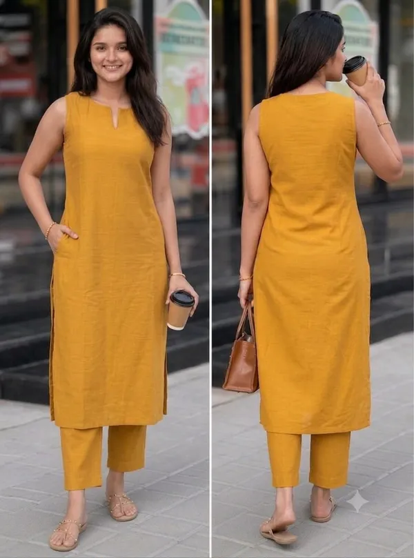Mustard_Cotton_Solid_V_Neck_Kurti_With_Palazzo_For_Women