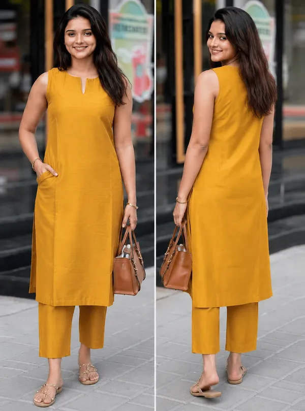 Mustard_Cotton_Solid_V_Neck_Kurti_With_Palazzo_For_Women