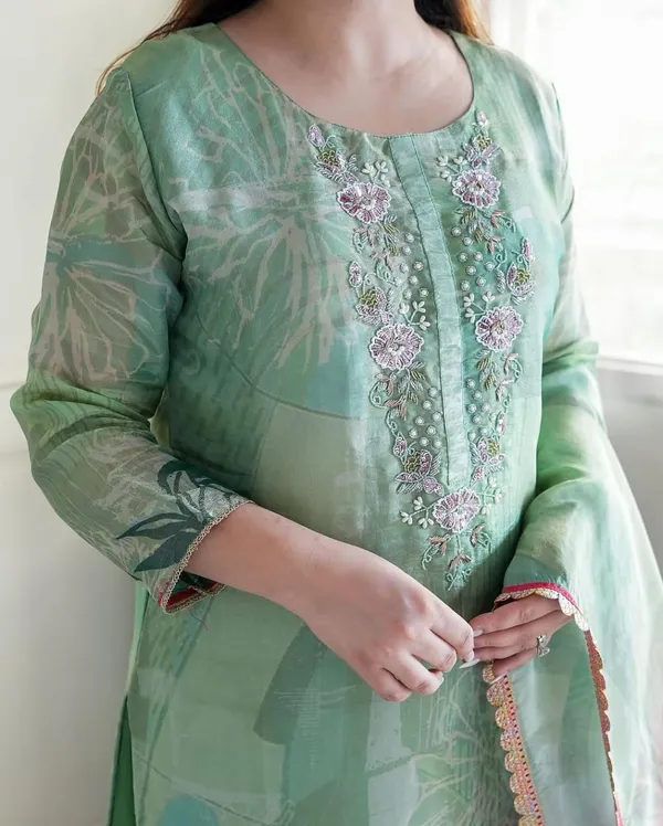 Green_Chinon_Pearl_Embroidered_Kurta_With_Pant_And_Dupatta_Set_For_Women