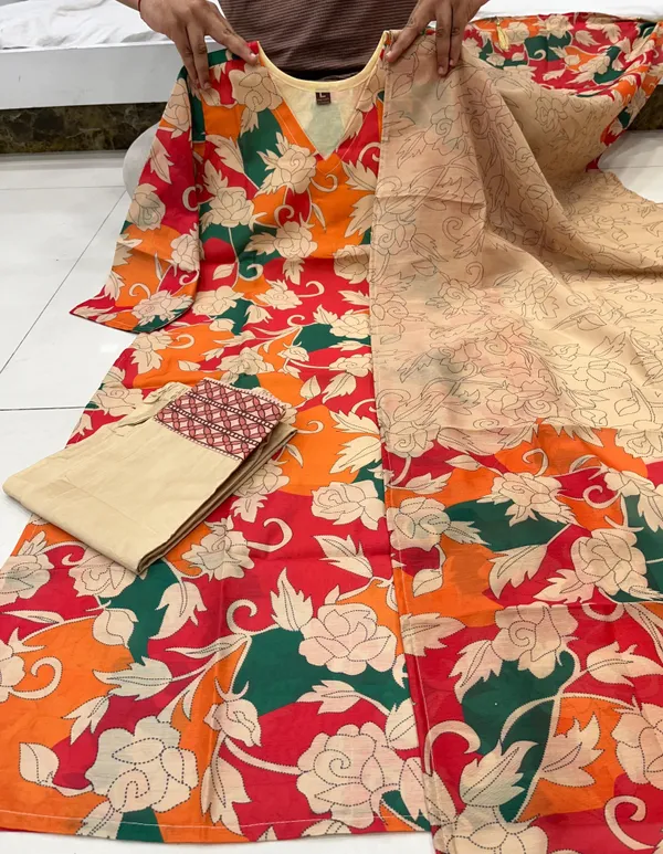 Chocolate_Cotton_Straight_Fit_Kurti_Pant_Dupatta_Set_For_Women