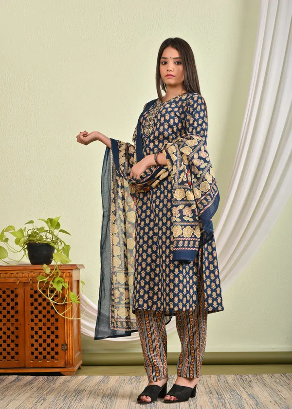 Blue_Cotton_Buti_Printed_Straight_Kurta_Pant_Dupatta_Set_For_Women