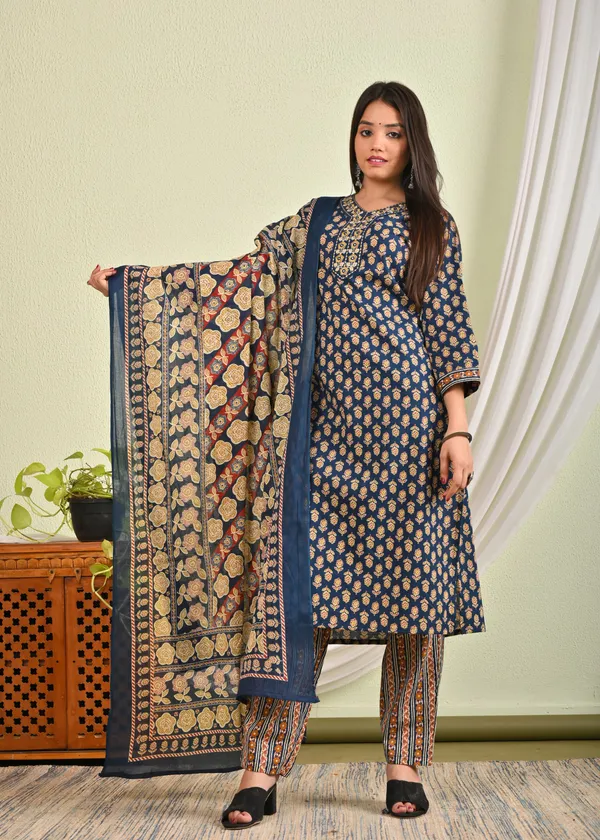 Blue_Cotton_Buti_Printed_Straight_Kurta_Pant_Dupatta_Set_For_Women