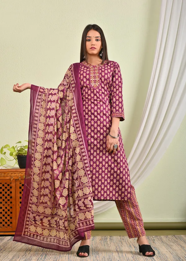 Dark_Pink_Cotton_Premium_And_Elegant_Kurti_With_Pant_And_Dupatta_For_Women