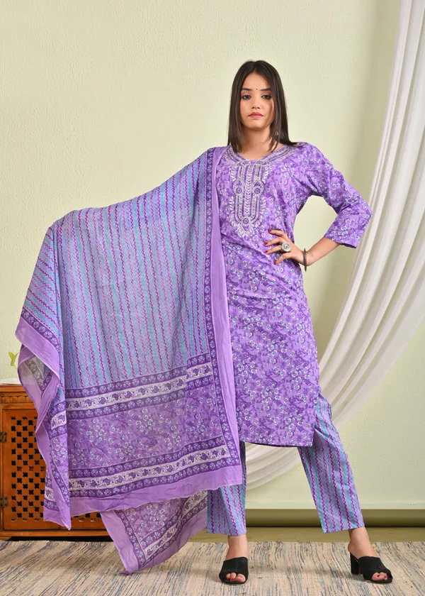 Purple_Cotton_Buti_Printed_Straight_Kurta_Pant_Dupatta_Set_For_Women