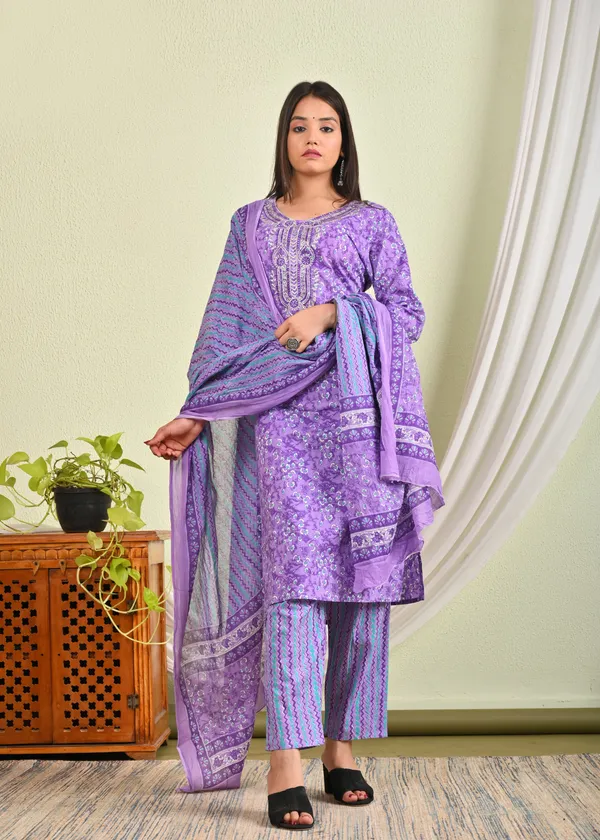 Purple_Cotton_Buti_Printed_Straight_Kurta_Pant_Dupatta_Set_For_Women