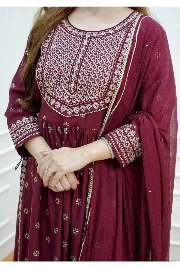 Maroon_Rayon_Naira_Cut_Kurta_With_Pant_Dupatta_Set_For_Women