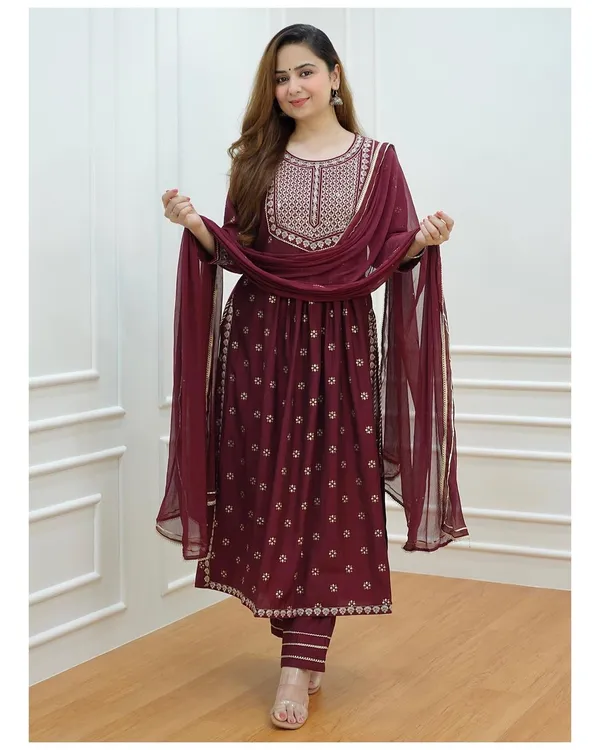 Maroon_Rayon_Naira_Cut_Kurta_With_Pant_Dupatta_Set_For_Women