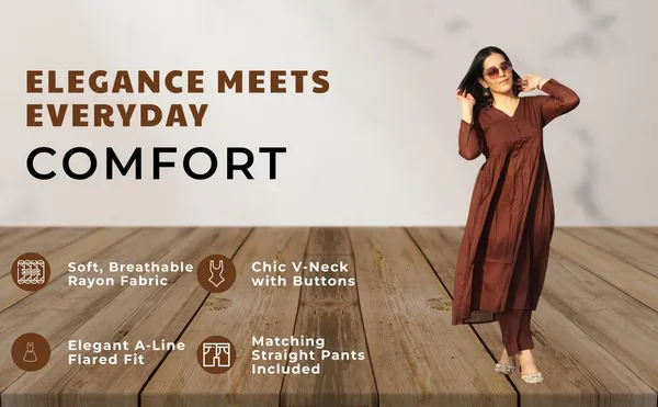 Coffee_Brown_Rayon_A_Line_Kurti_With_Palazzo_Pant_For_Women