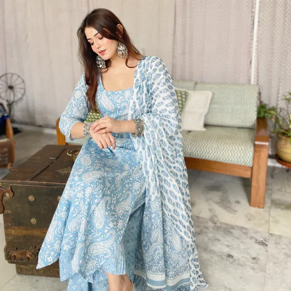 Blue_Cotton_Printed_3/4_Sleeve_Kurti_Palazzo_Dupatta_Set_For_Women