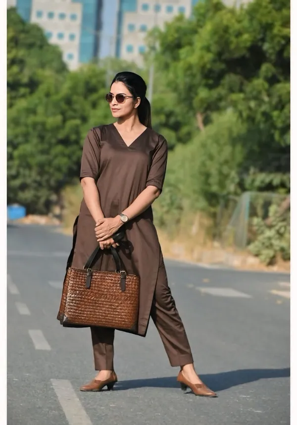 Coffee_Rayon_Solid_Straight_Kurta_With_Pant_For_Women