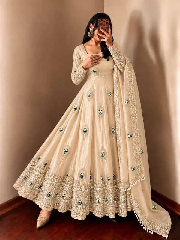Riddhilya_Cream_Peacock_Motif_Anarkali_with_Embellished_Dupatta