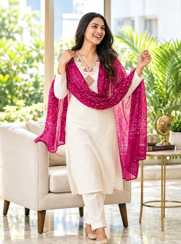 Riddhilya_Ivory_Embroidered_Kurta_Set_with_Rani_Pink_Bandhani-Style_Dupatta