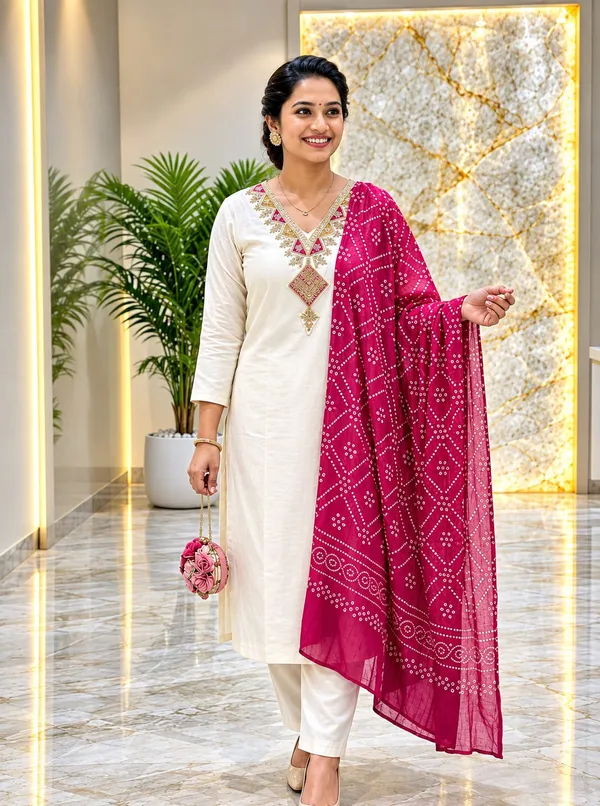 Riddhilya_Ivory_Embroidered_Kurta_Set_with_Rani_Pink_Bandhani-Style_Dupatta