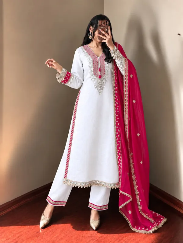 Riddhilya_Ivory_&_Rani_Pink_Embellished_Kurta_Set_with_Dupatta