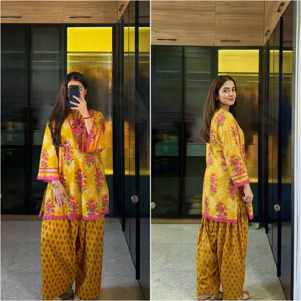 Riddhilya_Mustard_Yellow_Floral_Print_Kurti_&_Palazzo_Set_with_Pink_Lace