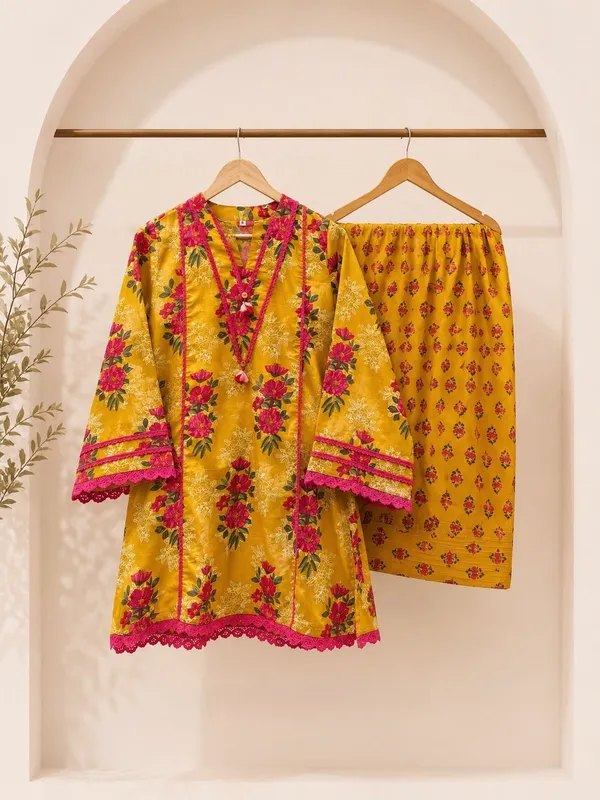 Riddhilya_Mustard_Yellow_Floral_Print_Kurti_&_Palazzo_Set_with_Pink_Lace