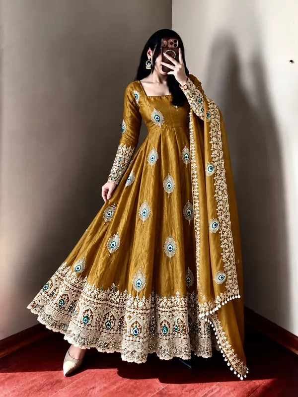 Riddhilya_Mustred_Peacock_Motif_Anarkali_with_Embellished_Dupatta