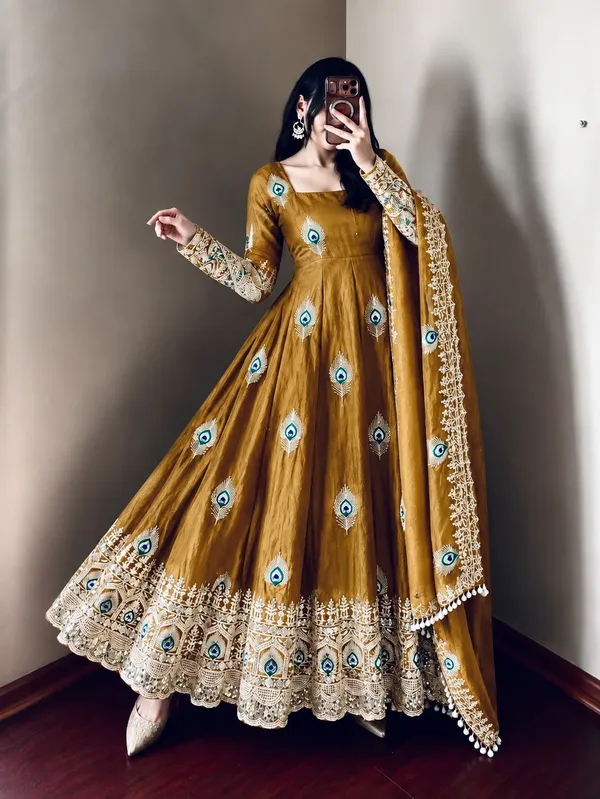 Riddhilya_Mustred_Peacock_Motif_Anarkali_with_Embellished_Dupatta