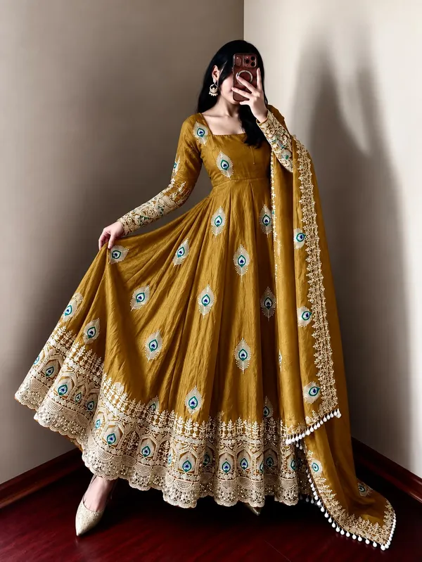 Riddhilya_Mustred_Peacock_Motif_Anarkali_with_Embellished_Dupatta