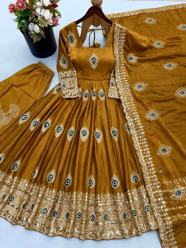 Riddhilya_Mustred_Peacock_Motif_Anarkali_with_Embellished_Dupatta