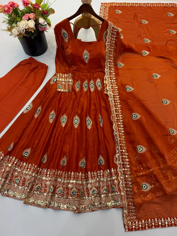 Riddhilya_Orange_Peacock_Motif_Anarkali_with_Embellished_Dupatta