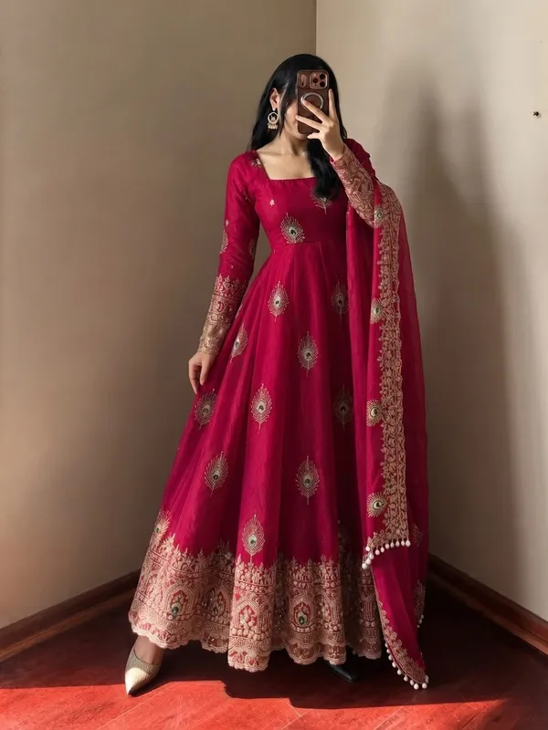Riddhilya_Red_Peacock_Motif_Anarkali_with_Embellished_Dupatta