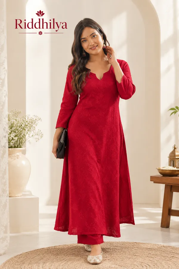 Riddhilya_Women's_Ruby_Red_Chikankari_Embroidered_Straight_Kurta_Set_|_Elegant_Ethnic_Wear_for_Festive_&_Casual_Occasions