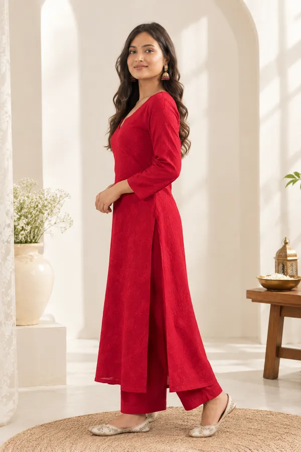 Riddhilya_Women's_Ruby_Red_Chikankari_Embroidered_Straight_Kurta_Set_|_Elegant_Ethnic_Wear_for_Festive_&_Casual_Occasions