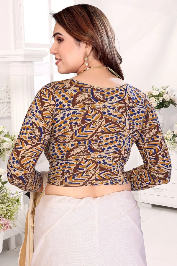 Multicolor_Cotton_Kalamkari_Print_Full_Sleeve_Blouse_With_White_Kerala_Saree_Set_For_Women