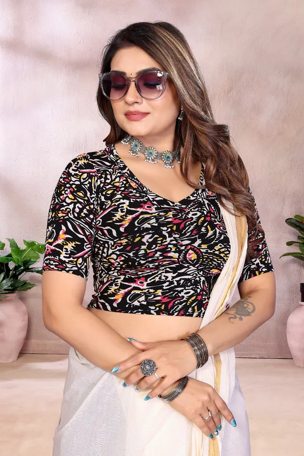 Multicolor_Abstract_Print_Blouse_With_Elbow_Length_Sleeves_For_Women