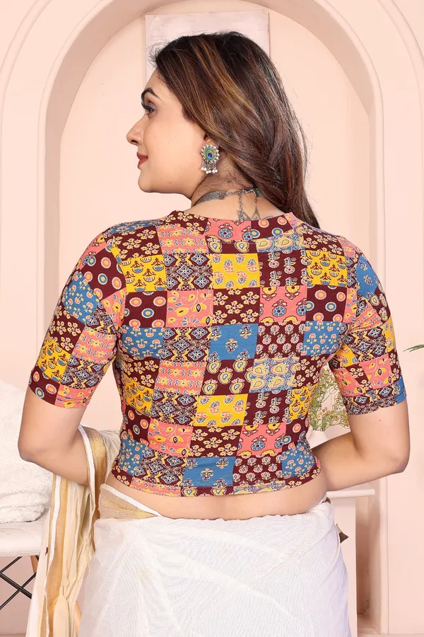 Multicolor_Cotton_Patchwork_Printed_Blouse_With_V-Neck_And_Elbow_Length_Sleeves_For_Women