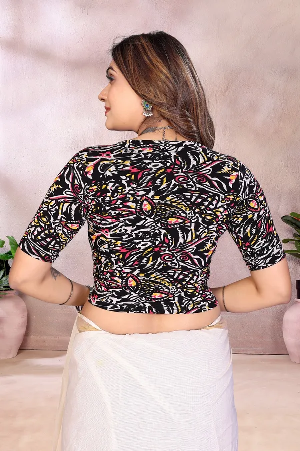 Multicolor_Abstract_Print_Blouse_With_Elbow_Length_Sleeves_For_Women