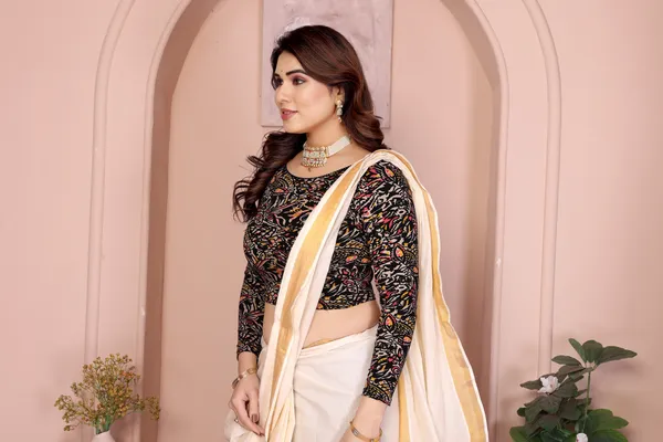 Multicolor_Cotton_Embroidered_Blouse_With_Kerala_Kasavu_Saree_Set_For_Women