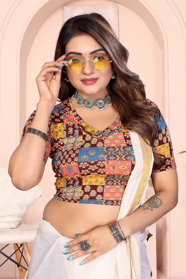 Multicolor_Cotton_Patchwork_Printed_Blouse_With_V-Neck_And_Elbow_Length_Sleeves_For_Women