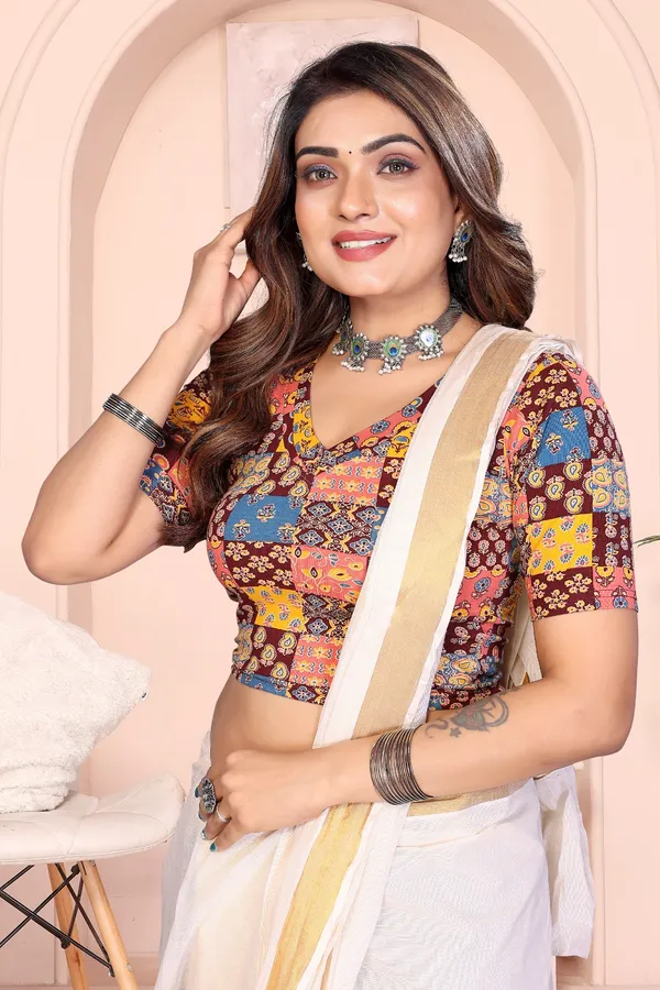 Multicolor_Cotton_Patchwork_Printed_Blouse_With_V-Neck_And_Elbow_Length_Sleeves_For_Women