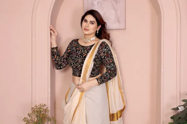 Multicolor_Cotton_Embroidered_Blouse_With_Kerala_Kasavu_Saree_Set_For_Women