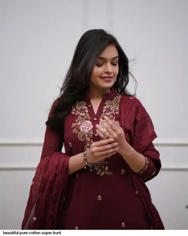 Cotton_Maroon_Embroidered_Kurta_Pant_And_Dupatta_Set