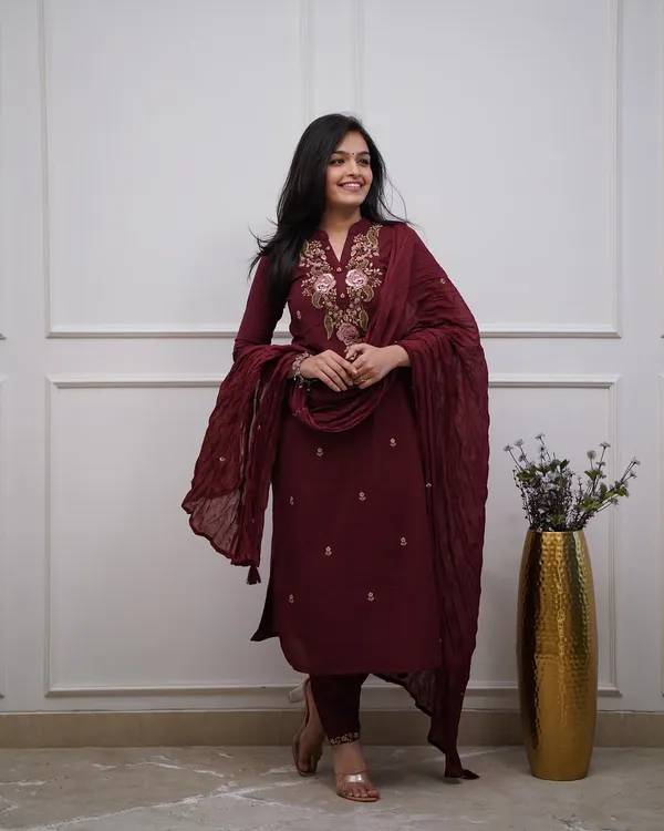 Cotton_Maroon_Embroidered_Kurta_Pant_And_Dupatta_Set