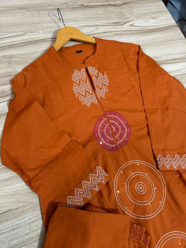 Rust_Orange_Pure_Cotton_Kurta_With_Pant_&_Dupatta_Set_For_Women
