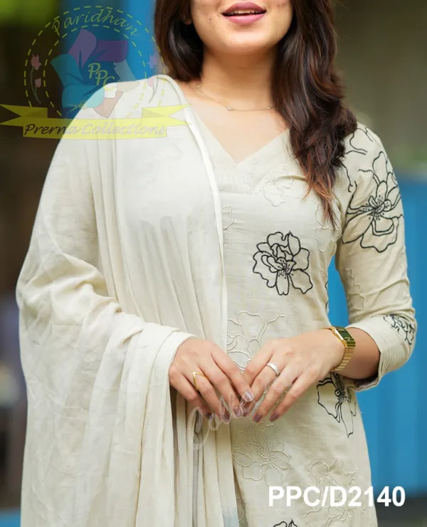 White_100%_Cotton_Kurta_With_Pant_&_Dupatta_Set_For_Women