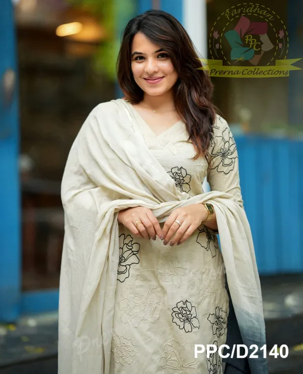 White_100%_Cotton_Kurta_With_Pant_&_Dupatta_Set_For_Women