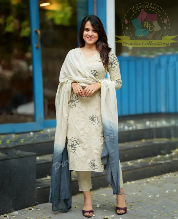 Cream_100%_Cotton_Kurta_With_Pant_&_Dupatta_Set_For_Women