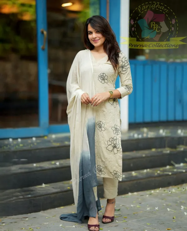 Cream_100%_Cotton_Kurta_With_Pant_&_Dupatta_Set_For_Women