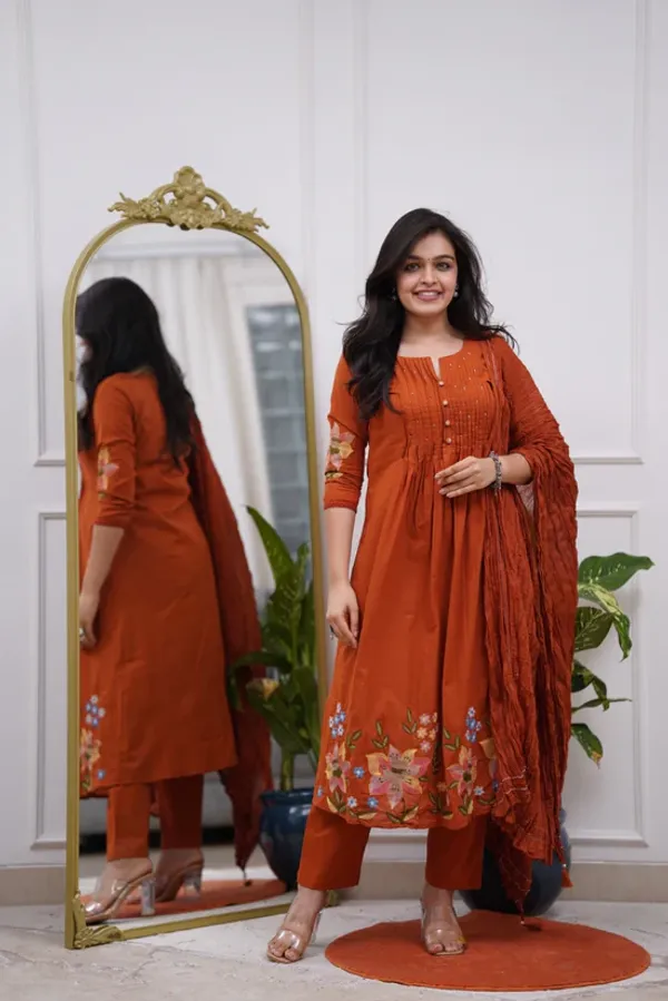 Orange_Mul_Cotton_Kurta_With_Pant_&_Dupatta_Set_For_Women