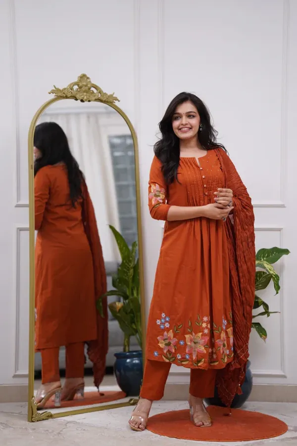 Orange_Mul_Cotton_Kurta_With_Pant_&_Dupatta_Set_For_Women