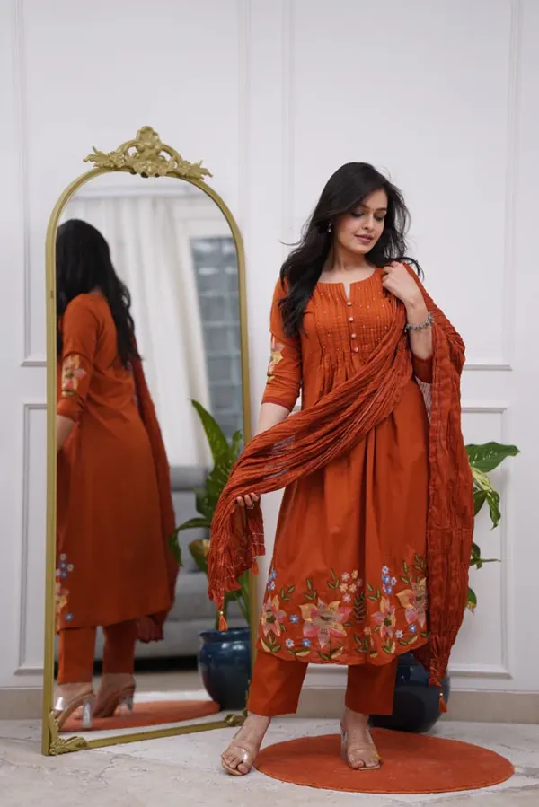 Orange_Mul_Cotton_Kurta_With_Pant_&_Dupatta_Set_For_Women
